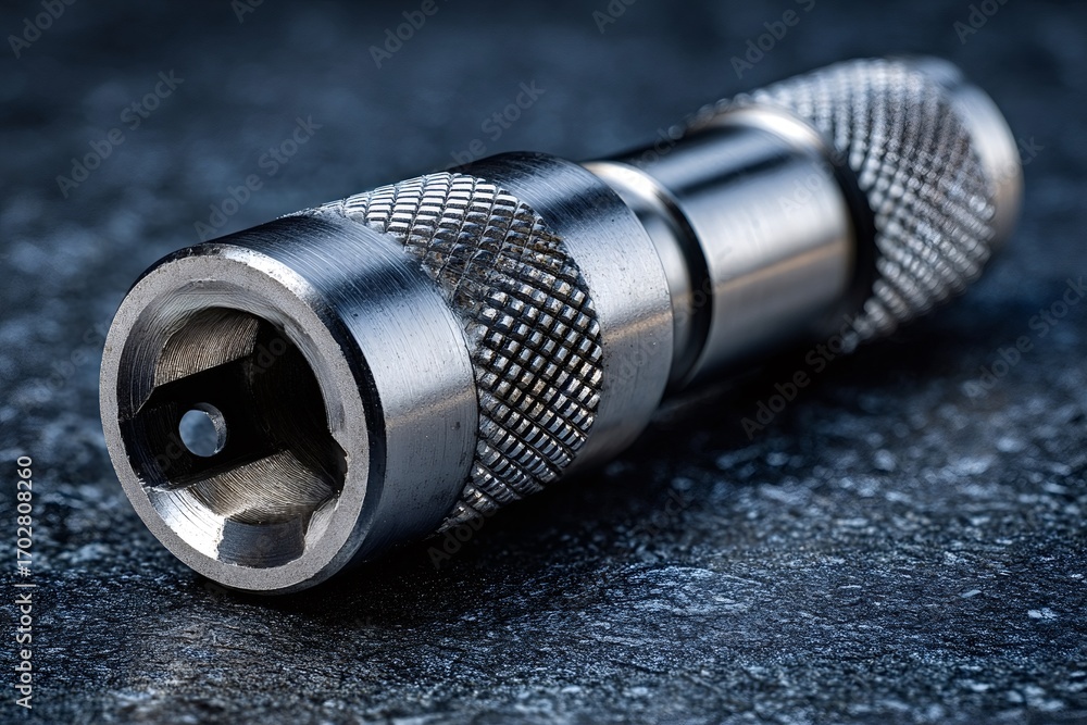 Poster knurled socket wrench adapter is lying on a dark stone surface, showcasing its metallic finish and i