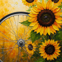 A bicycle wheel blooming into sunflowers