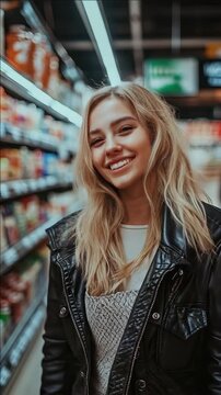 A cheerful girl in a black jacket, looking into the distance while shopping for groceries. She's in a supermarket aisle with cereal boxes and other food items.
