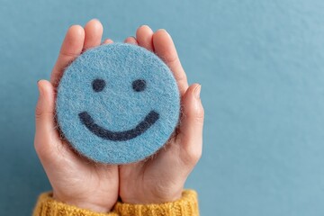 Obraz premium Hands holding blue smiley face, symbolizing satisfaction, positive mental health, child wellness, and feedback on blue background.