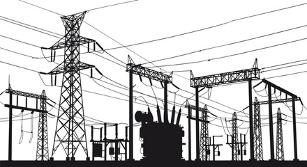 Electrical substation silhouette, power transmission towers, transformers, high voltage lines, electric grid infrastructure, electricity distribution, electrical power station