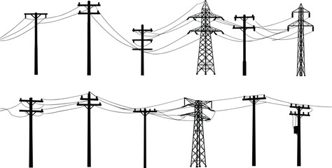 Power poles silhouette, electrical transmission towers, high voltage power lines, electricity infrastructure, utility poles, electric grid, energy distribution system