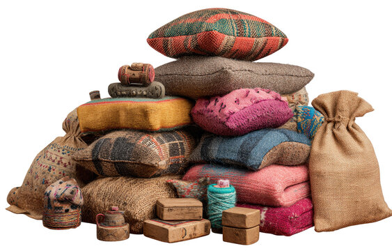 A stacked collection of textiles, pillows, and bags, showcasing rich colors and textures