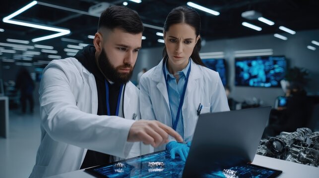 Two professionals in lab coats work together in a modern industrial design setting, examining information on a digital interface while engaged in a discussion