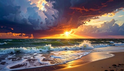 Dramatic sunset over ocean waves painting, capturing nature's splendor