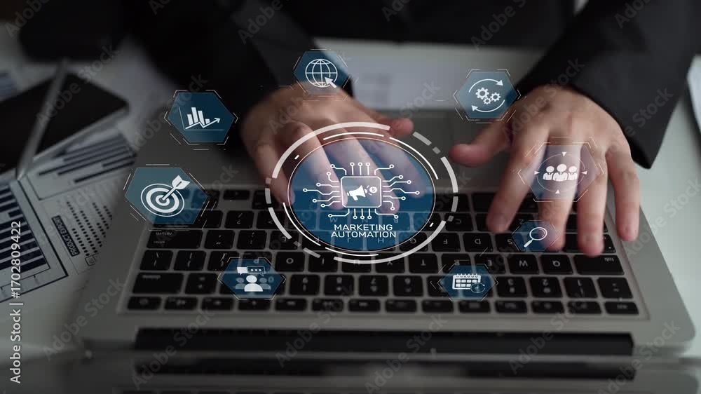 Poster marketing automation diagram showcase ai-driven campaign workflow, highlight marketing automation, d
