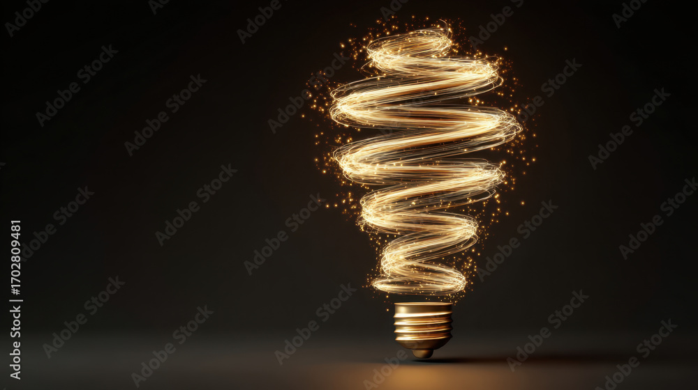 Poster glowing light bulb with swirling, sparkling filament design creates captivating visual effect, symbo