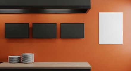 Modern Kitchen Design with Black Accents and Orange Walls
