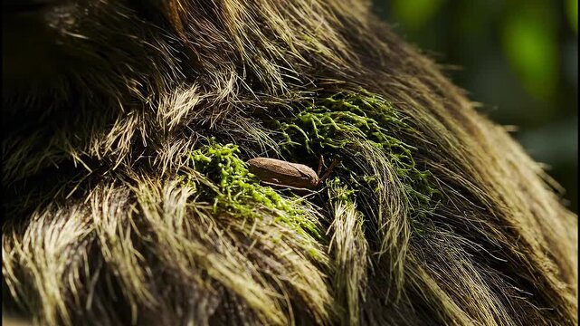 A sloths fur holds green algae and a beetle