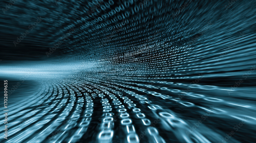 Poster digital data flows in mesmerizing pattern, showcasing binary code in shades of blue. this abstract r