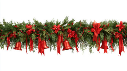 Festive garland adorned with red ribbons, bells, and poinsettias, perfect for holiday decorations and celebrations. vibrant colors evoke joyful Christmas spirit