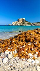 Sunny beach scene with vibrant turquoise water and a rocky outcrop