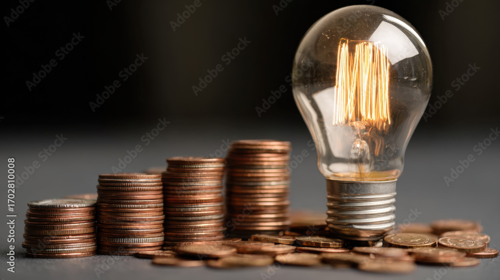 Poster light bulb sits atop stack of coins, symbolizing connection between energy and finance. warm glow of