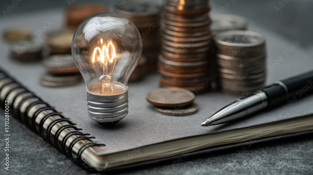 Poster light bulb symbolizing ideas and innovation next to stack of coins on notebook, representing financi