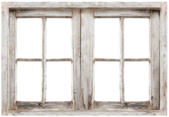 Aged, weathered, double-hung window with divided panes