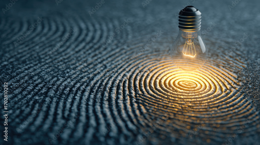 Poster glowing light bulb casts warm glow on textured surface, creating intricate patterns reminiscent of r