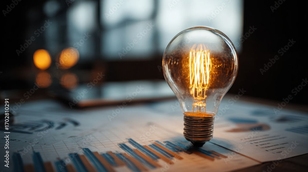 Poster glowing light bulb symbolizes innovation and creativity, placed on table with financial graphs and c