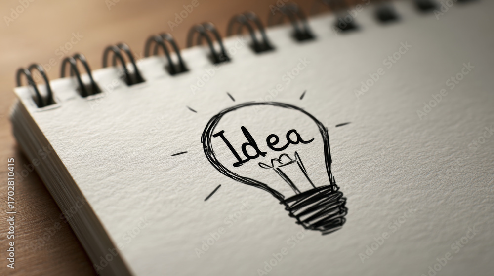Poster light bulb sketch representing idea on notepad, symbolizing creativity and inspiration in brainstorm