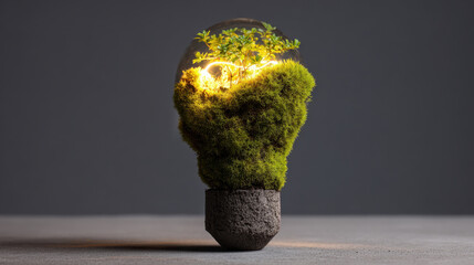 Creative light bulb design featuring lush green moss and small tree, symbolizing sustainability and innovation. glowing elements enhance natural beauty, creating serene atmosphere