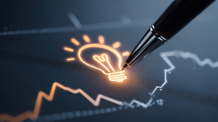 Pen touches glowing light bulb icon, symbolizing creativity and innovation in business. background features financial graph, representing growth and progress