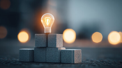 Light bulb glowing on top of gray blocks, symbolizing creativity and innovation. warm light contrasts with blurred background, creating inspiring atmosphere