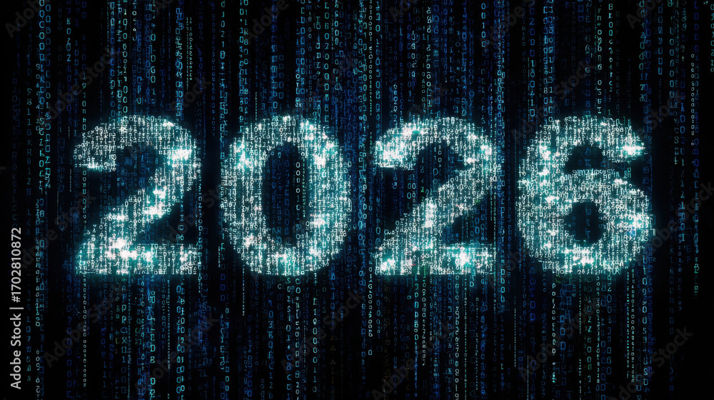 Poster digital representation of year 2026, composed of glowing binary code against dark background, evokes