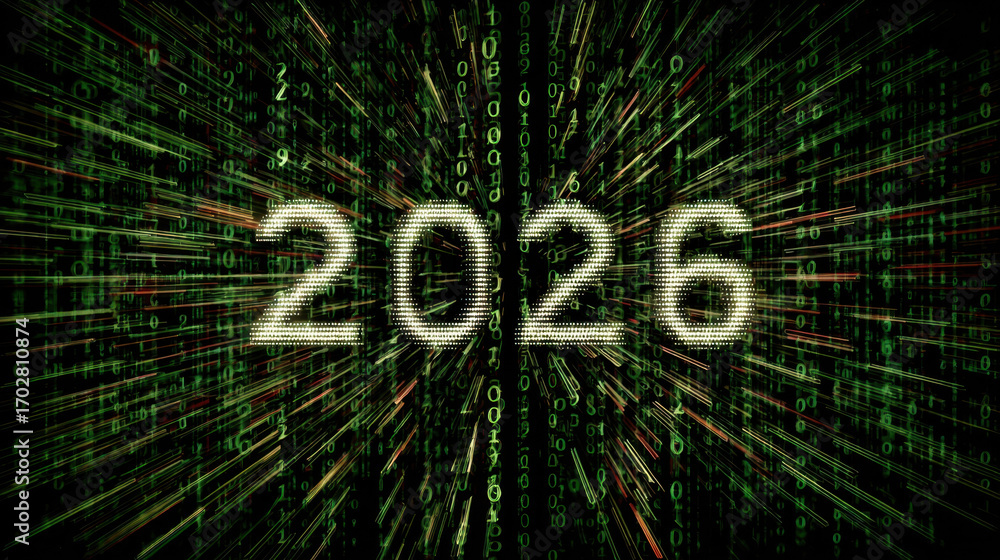 Poster digital numbers explode in vibrant display, showcasing year 2026 amidst backdrop of binary code, sym