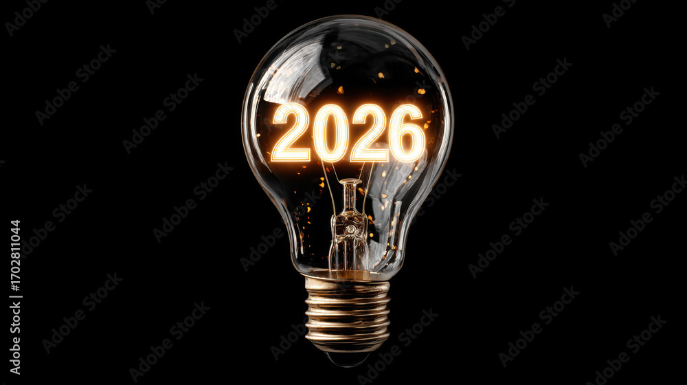 Poster glowing light bulb with year 2026 illuminated inside, symbolizing innovation and future possibilitie