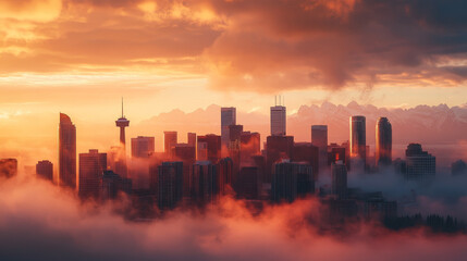 Fototapeta premium Panoramic brown poster of Calgary’s city skyline with misty buildings, sunrise, clouds, and surrounding mountains in Canada.