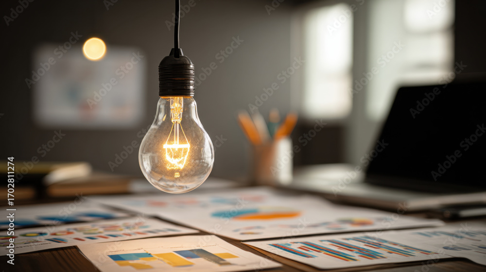 Poster glowing light bulb hangs above desk cluttered with colorful charts and graphs, symbolizing creativit