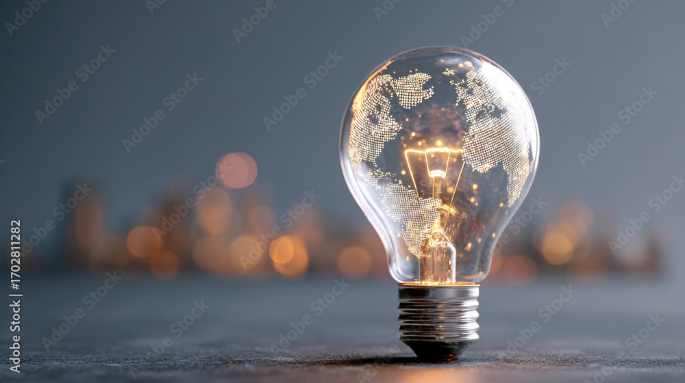 Poster glowing light bulb with world map design symbolizes innovation and global ideas. soft background fea