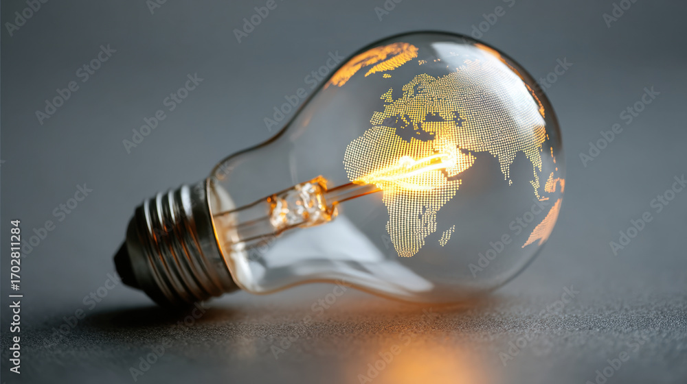 Poster light bulb with glowing filament showcases world map design, symbolizing innovation and global conne