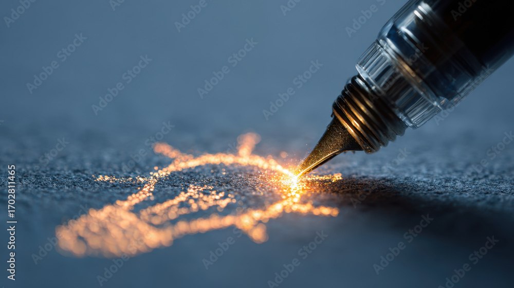 Poster close up view of pen creating glowing light effect on textured surface, showcasing creativity and ar