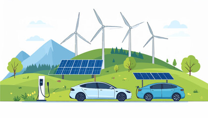 Flat vector illustration of green energy with wind turbines, solar panels, and EV charging, perfect for sustainability, eco transport, and renewable power themes