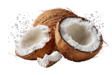Two halves of a coconut,  freshly cracked,  exposing white flesh.  A spray of shredded coconut surrounds