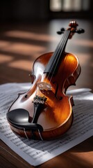 Fototapeta premium Antique wooden violin with strings resting on sheet music with notes, bathed in warm sunlight creating striped shadows on a polished wooden surface, elegant musical instrument