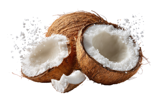 Two halves of a coconut,  freshly cracked,  exposing white flesh.  A spray of shredded coconut surrounds