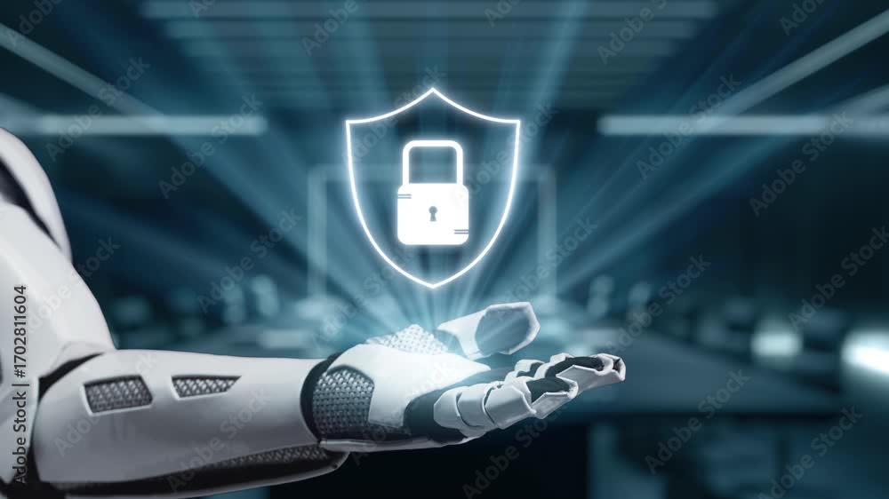 Aufkleber a sleek robotic hand gestures towards a digital shield symbolizing cybersecurity and data protection