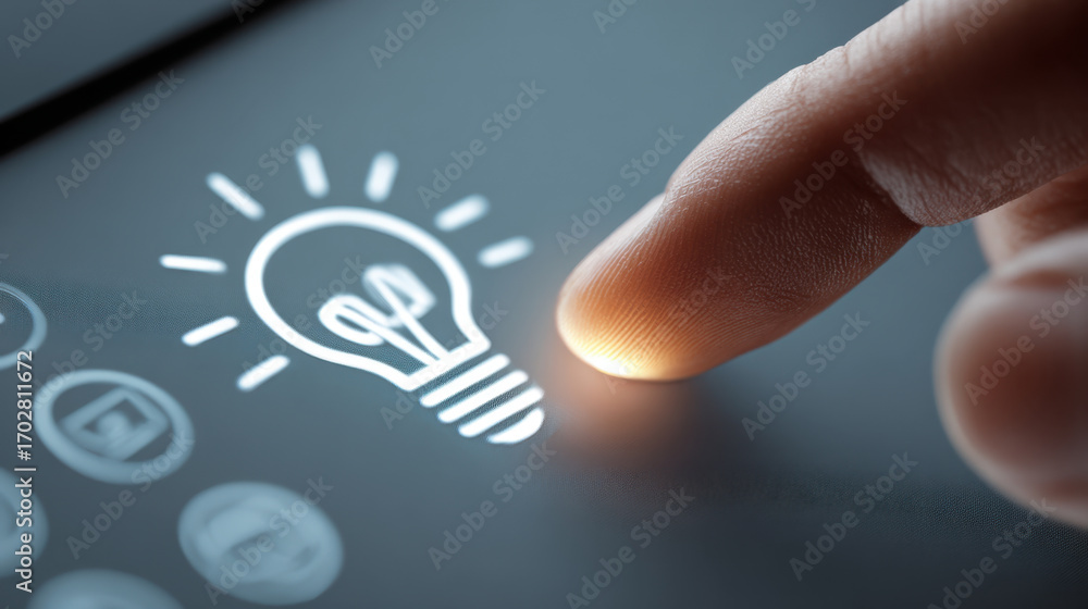Poster finger touching digital light bulb icon on touchscreen, symbolizing innovation and technology. image