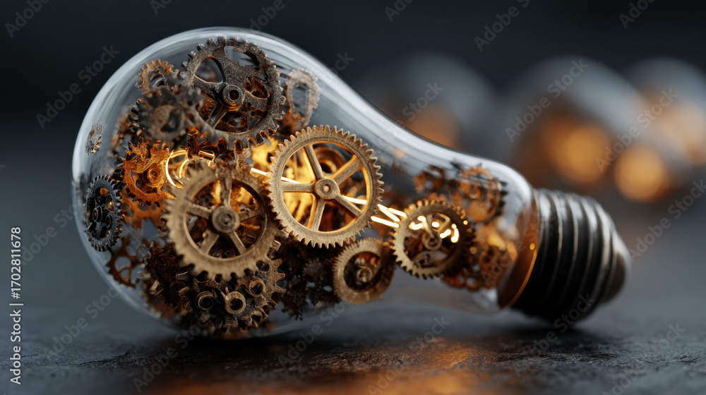 Poster light bulb filled with intricate gears and cogs, symbolizing innovation and creativity. warm glow em
