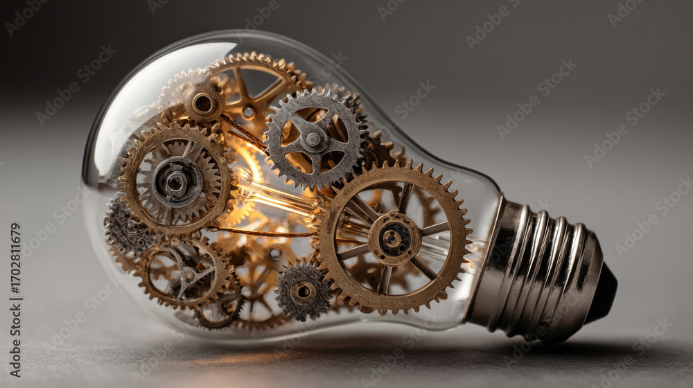 Poster light bulb filled with intricate gears and cogs, symbolizing innovation and creativity. warm glow em