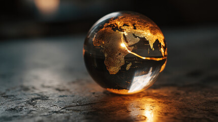 Glowing globe with detailed map of Africa is placed on textured surface, creating captivating visual. warm light highlights continents, evoking sense of wonder and exploration