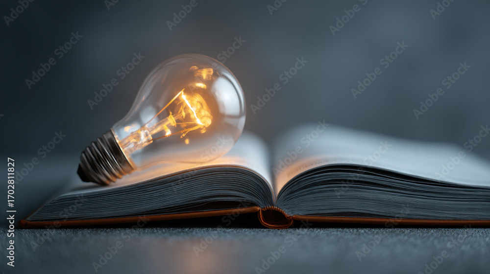 Poster glowing light bulb rests on open book, symbolizing creativity and knowledge. warm light contrasts wi
