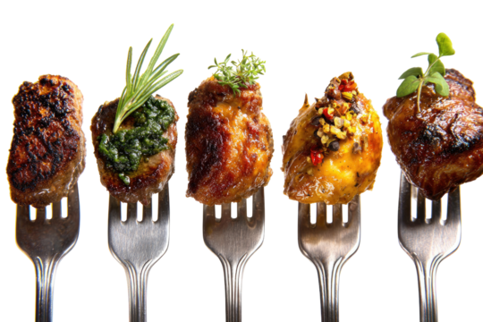 Small, grilled meat bites on forks