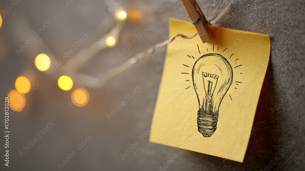 Poster light bulb sketch on yellow sticky note hangs on string with glowing fairy lights in background, cre