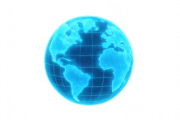Rotating blue planet earth with grid on transparent background, representing global communication and technology