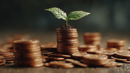 Small green plant grows from stack of coins, symbolizing financial growth and investment. background is blurred, emphasizing coins and plant, creating sense of hope and prosperity