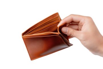 Empty brown leather wallet held open in a hand