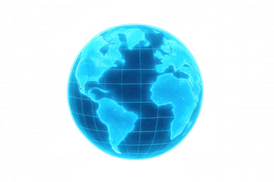 Rotating blue planet earth with grid on transparent background, representing global communication and technology