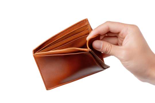 Empty brown leather wallet held open in a hand